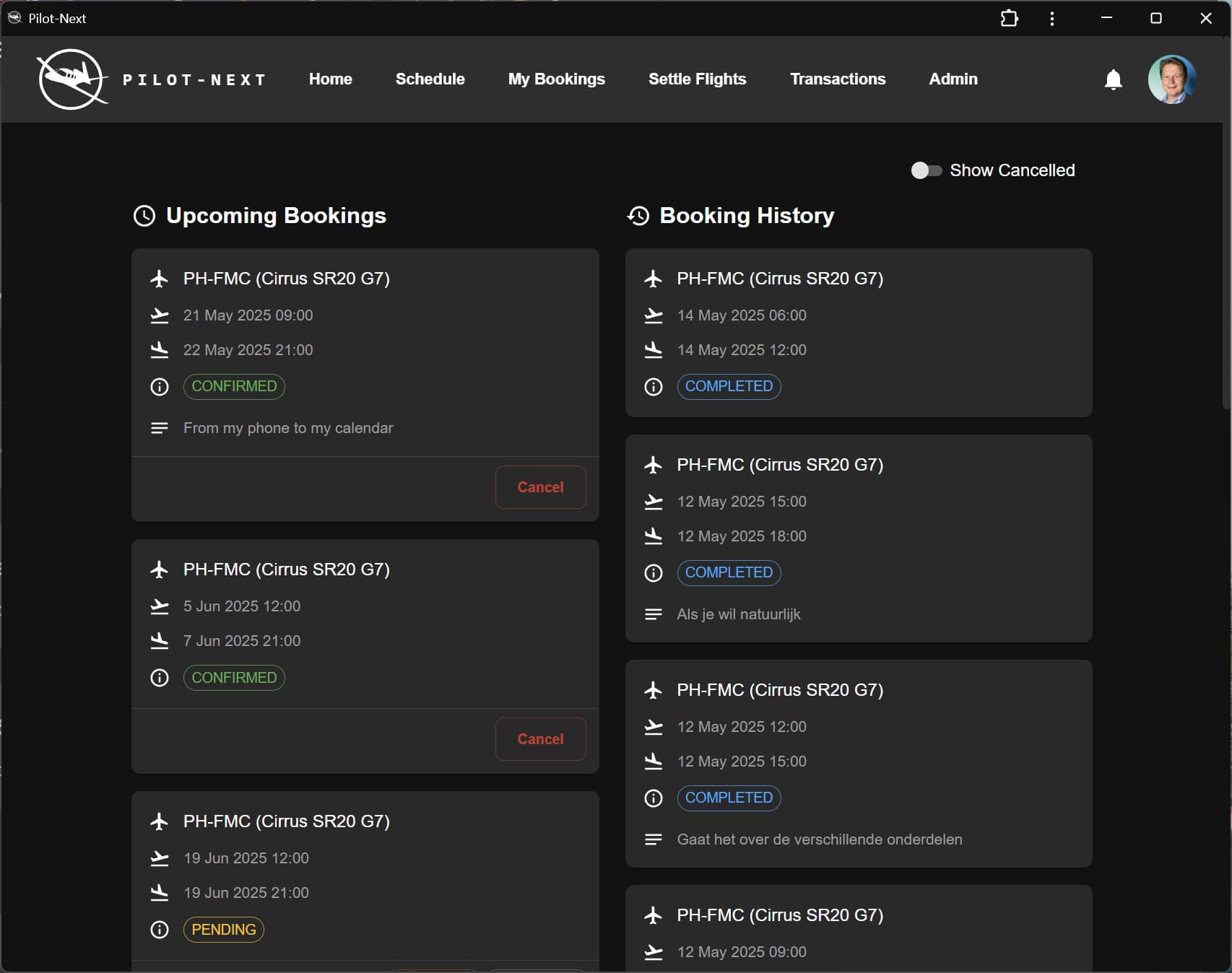 Pilot-Next Bookings Management for shared aircraft