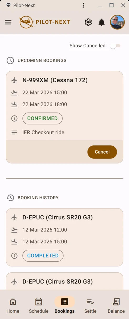 Airplane booking management software listing upcoming and past bookings