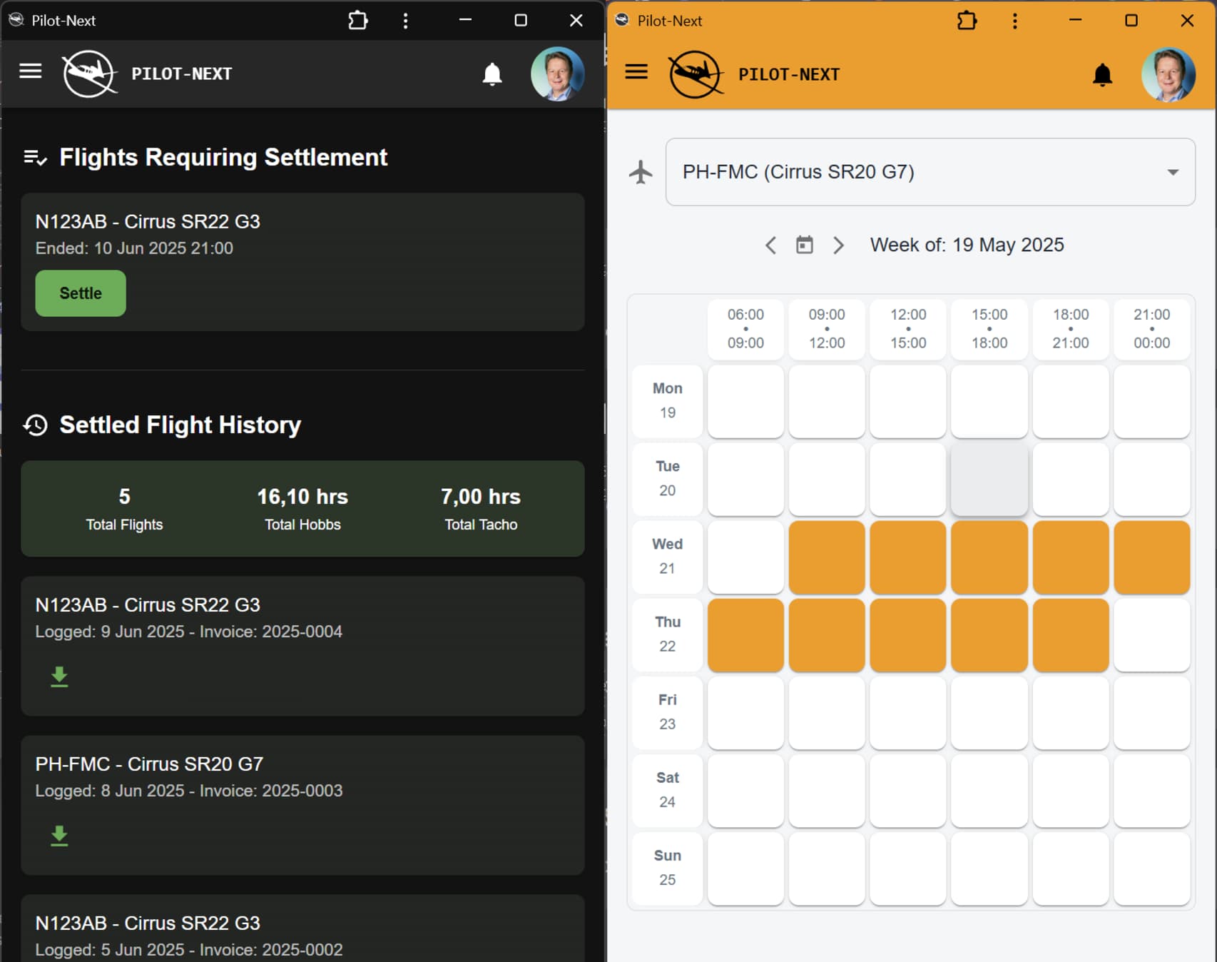 Pilot-Next mobile app showing simple airplane scheduling for flying clubs