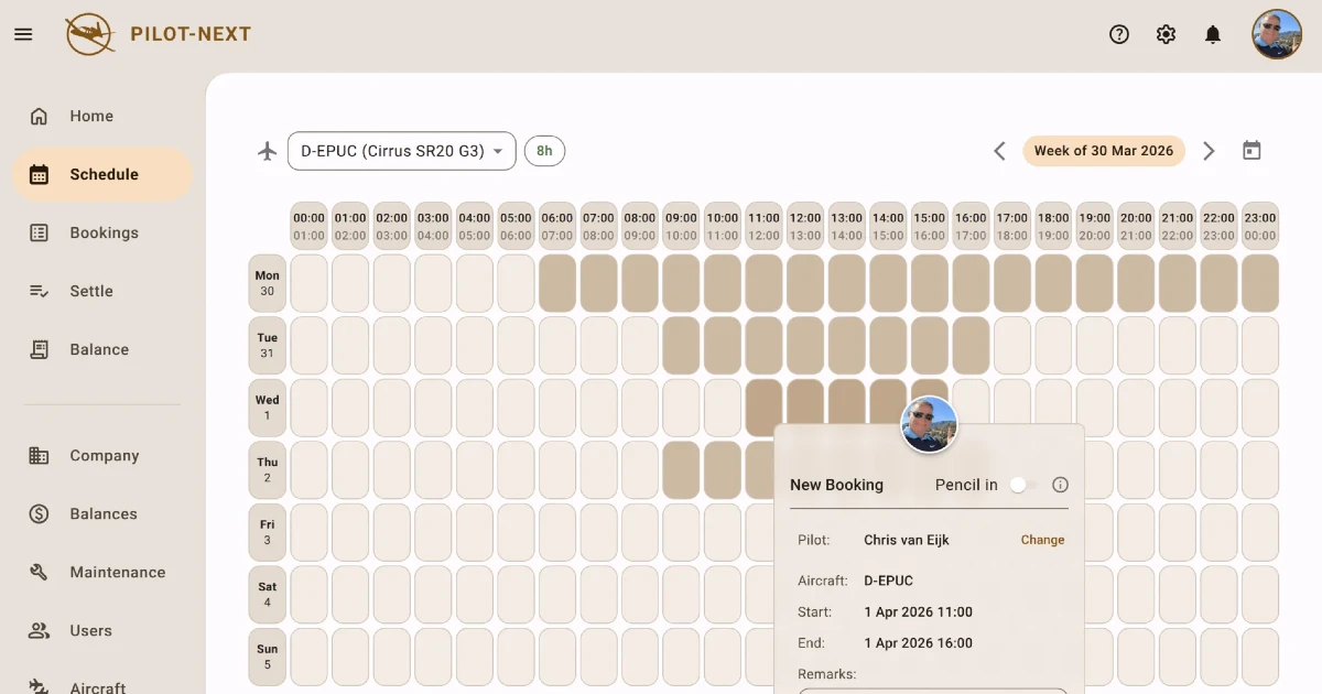 Flying club scheduling software desktop view showing aircraft availability and bookings